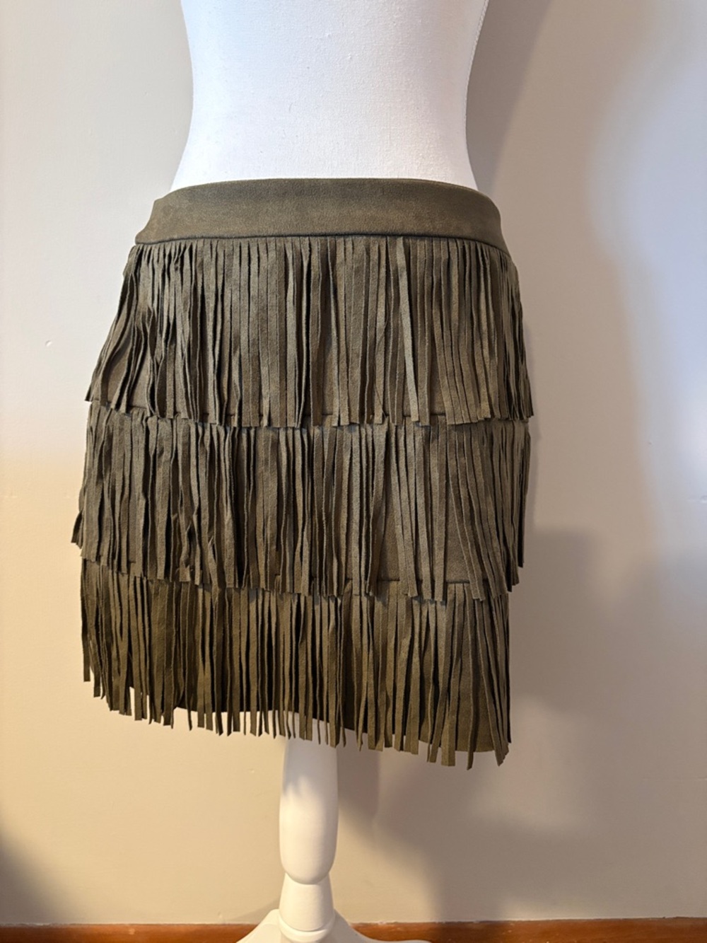 HYFVE Faux Suede Olive Green Tiered Fringe Mini Skirt. Size Medium